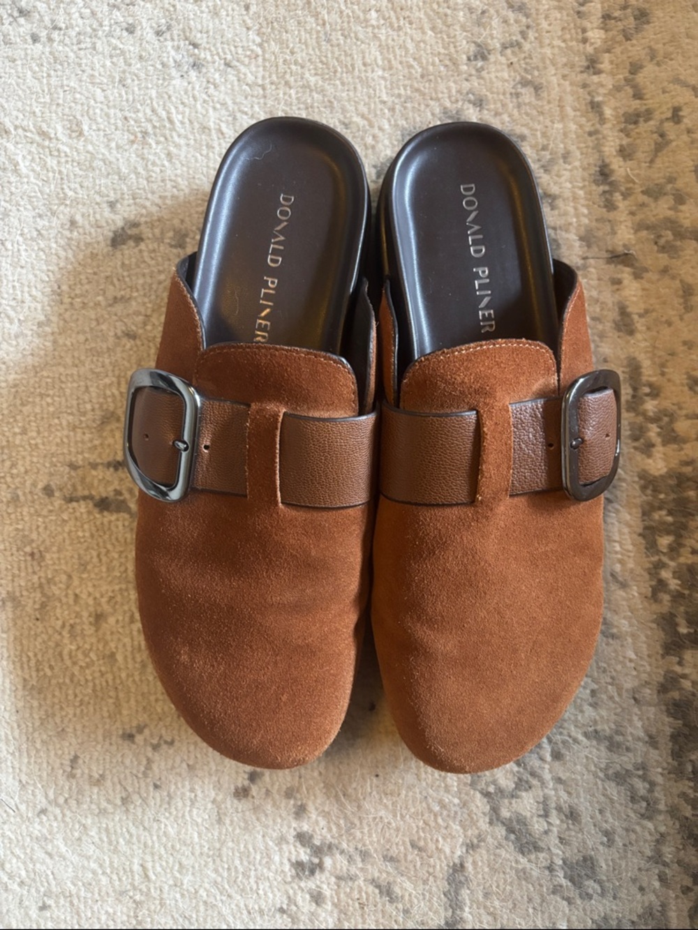 Donald Pliner suede cognac clogs